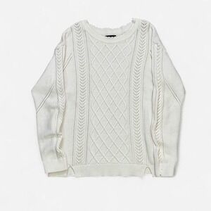 Tommy Hilfiger Womens Large White Cable Knit Pointelle Crewneck Sweater 381